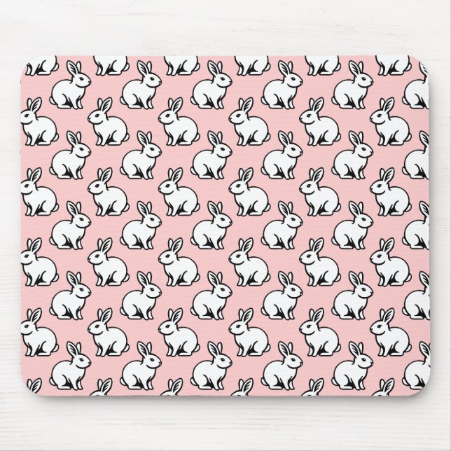 Rabbits Pattern - Black and White with Faded Pink Mouse Mat (Front)