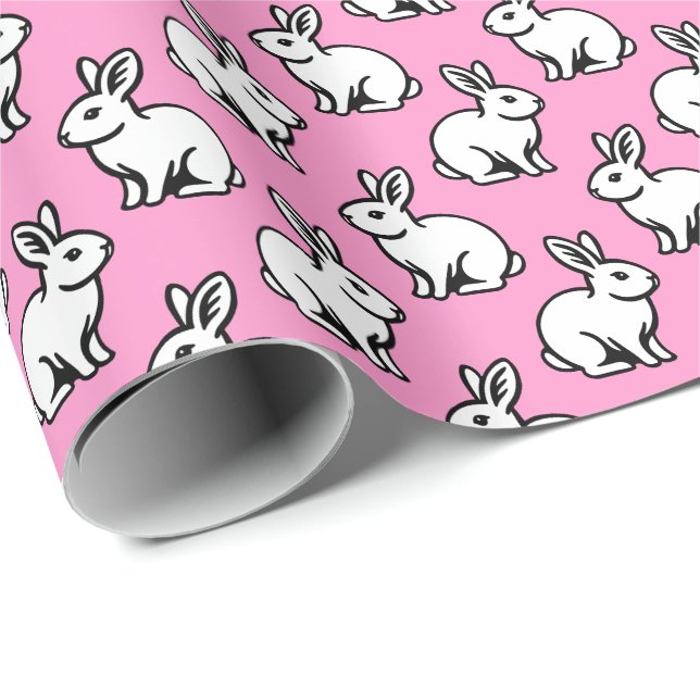 Rabbits Pattern - Black and White with Pink Wrapping Paper (Roll Corner)