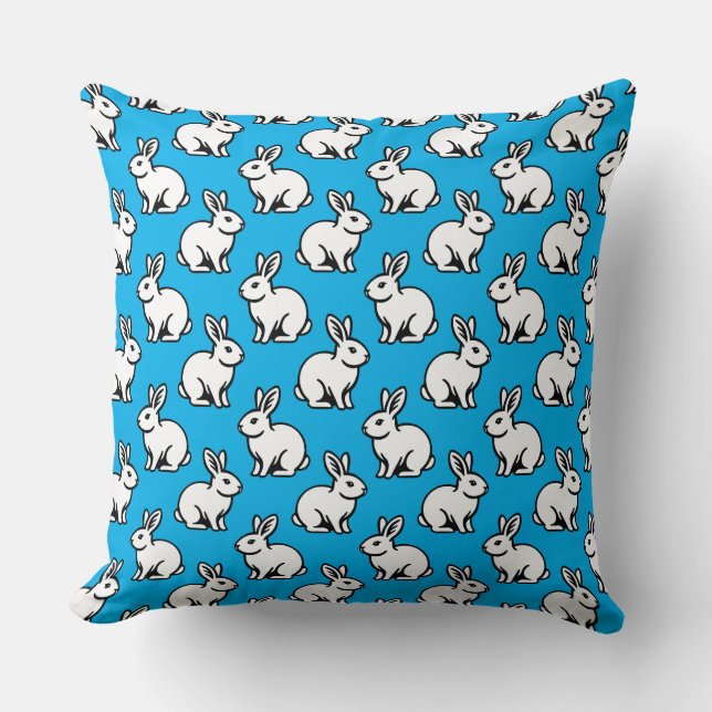 Rabbits Pattern - Black and White with Sky Blue Cushion (Front)