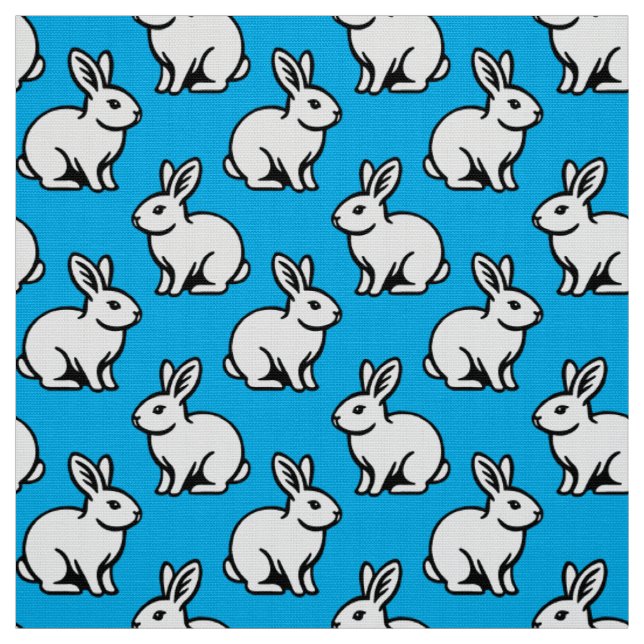 Rabbits Pattern - Black and White with Sky Blue Fabric (Swatch)