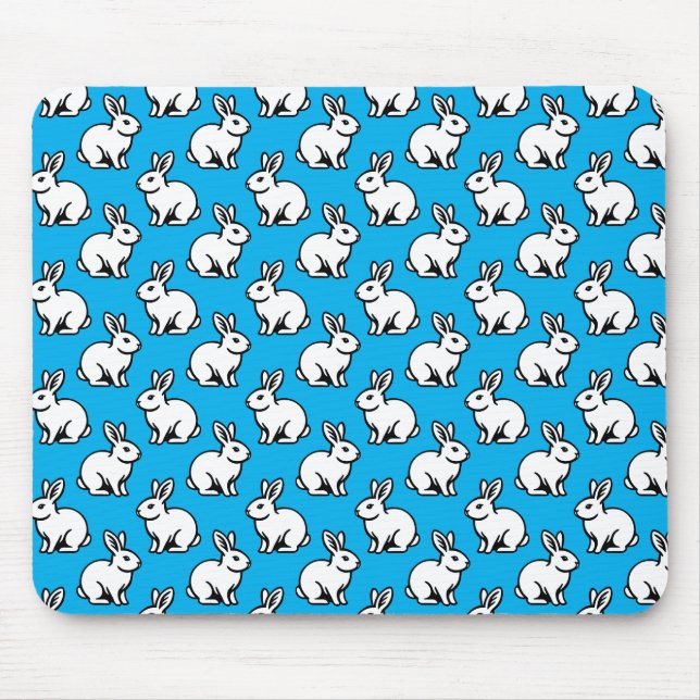Rabbits Pattern - Black and White with Sky Blue Mouse Mat (Front)