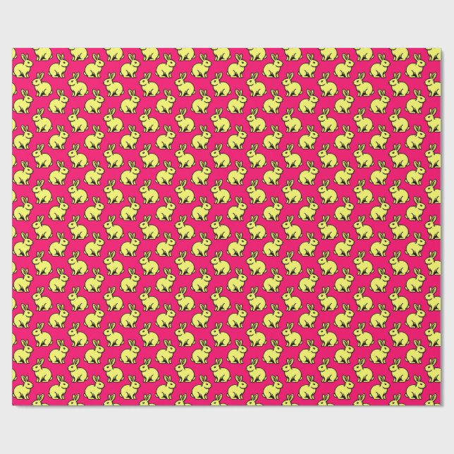 Rabbits Pattern - Lt Yellow, Black and Neon Red Wrapping Paper (Flat)