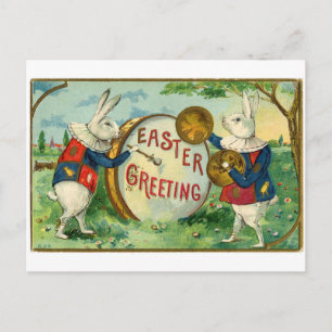 Rabbits playing drum Antique Easter greetings Holiday Postcard
