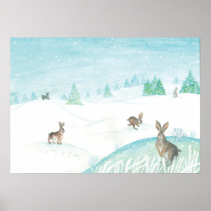 Rabbits Sitting & Jumping On Snow Poster