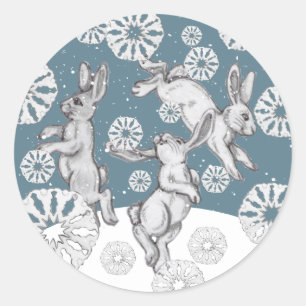 Rabbits & Snowflakes Fun Blue Winter Christmas Art Classic Round Sticker