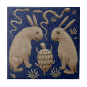Rabbits Turtle Snakes Antique Persian Repro Tile