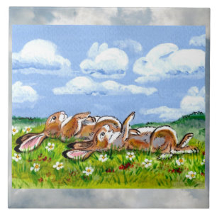 Rabbits Watching Clouds Humourous 6" Tile Trivet