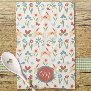 Rabbits Wildflowers Birds Monogram Tea Towel
