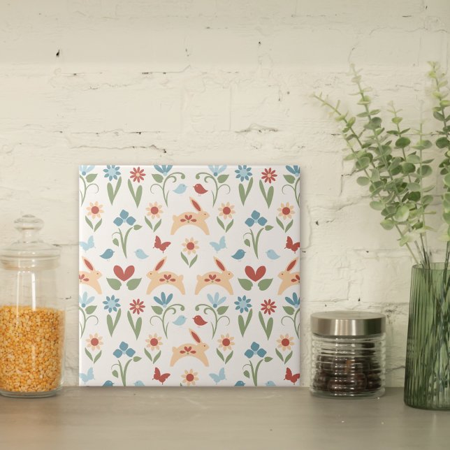 Rabbits Wildflowers Folk Art Pattern Tile (Creator Uploaded)
