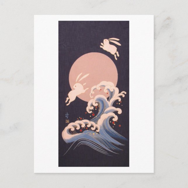 Rabbits with Full Moon and Waves Postcard (Front)