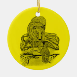 Rabe mit Wolf schwarz gelb Design Ceramic Tree Decoration