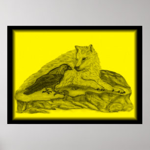 Rabe mit Wolf schwarz gelb Design Poster