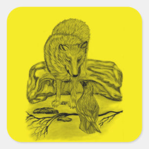 Rabe mit Wolf schwarz gelb Design Square Sticker