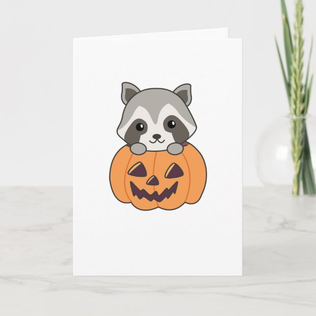 Raccin In Pumpkin Sweet Racoon Happy Halloween Card (Front)