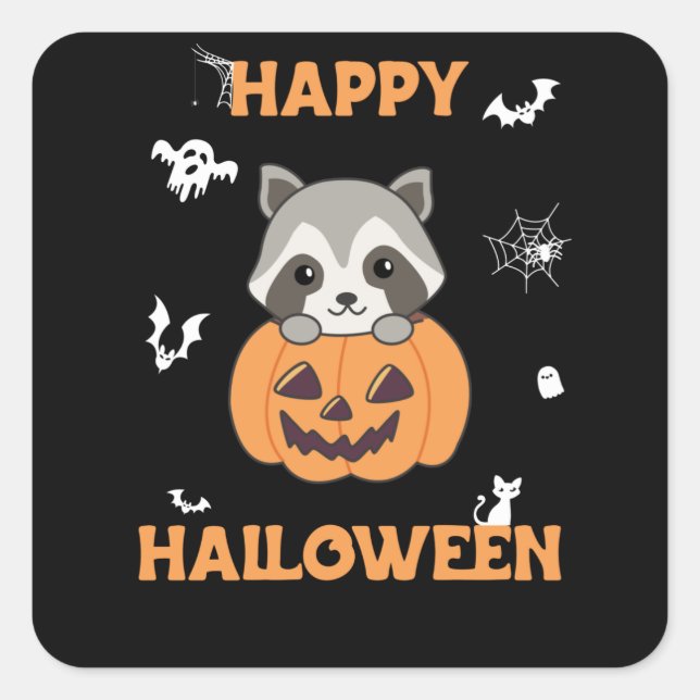 Raccin In Pumpkin Sweet Racoon Happy Halloween Square Sticker (Front)