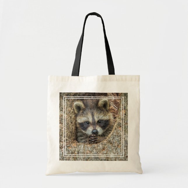 Raccon Nestled Inside a Tree Hollow Tote Bag (Front)