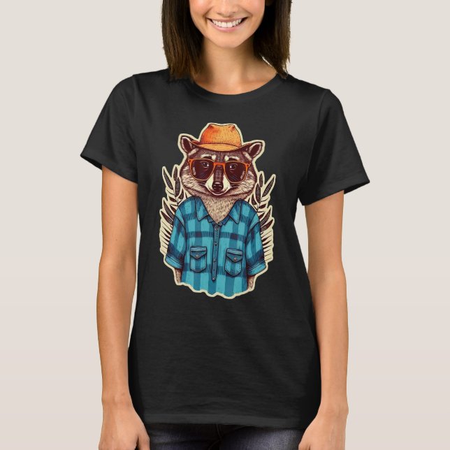 Raccon Wearing A Hat And Glasses  Cute Racoon T-Shirt (Front)