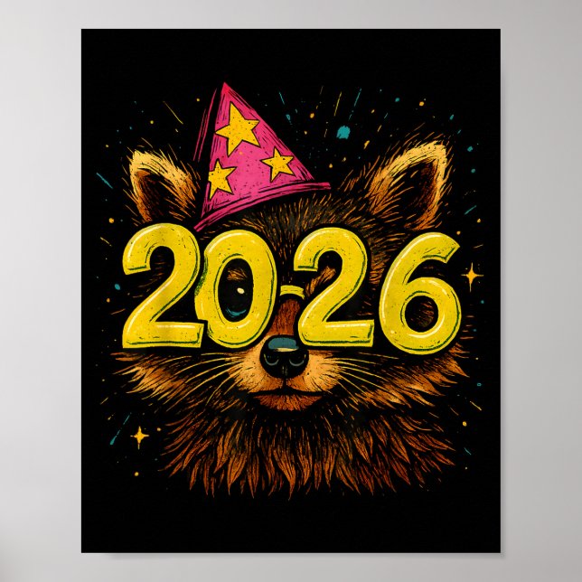 Raccoon 2026 Party Gles Funny New Year Celebration Poster (Front)