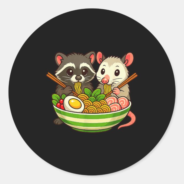 Raccoon And Ossum Eating Ramen Noodles  Classic Round Sticker (Front)