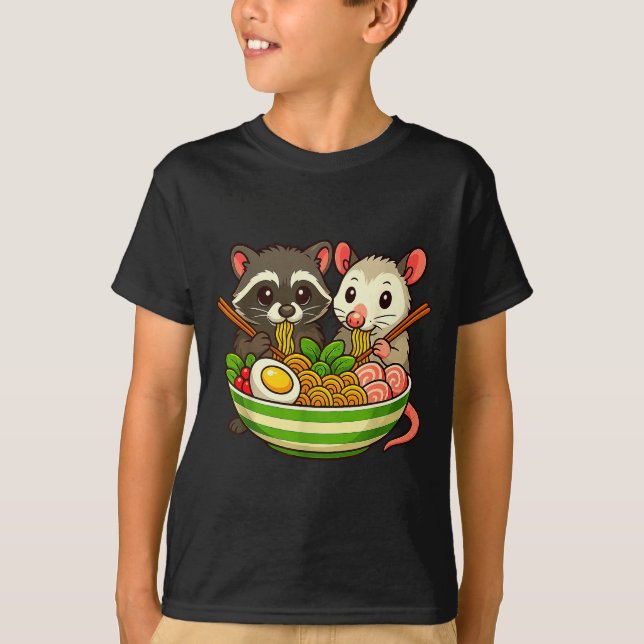 Raccoon And Ossum Eating Ramen Noodles  T-Shirt (Front)