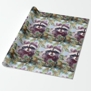 Raccoon and Pine Tree Christmas Wrapping Paper