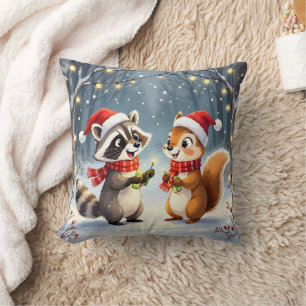 Raccoon and Squirrel Hanging Christmas Lights Cushion