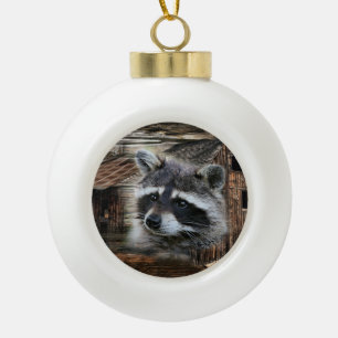 Raccoon At The Old Barn Ceramic Ball Christmas Ornament