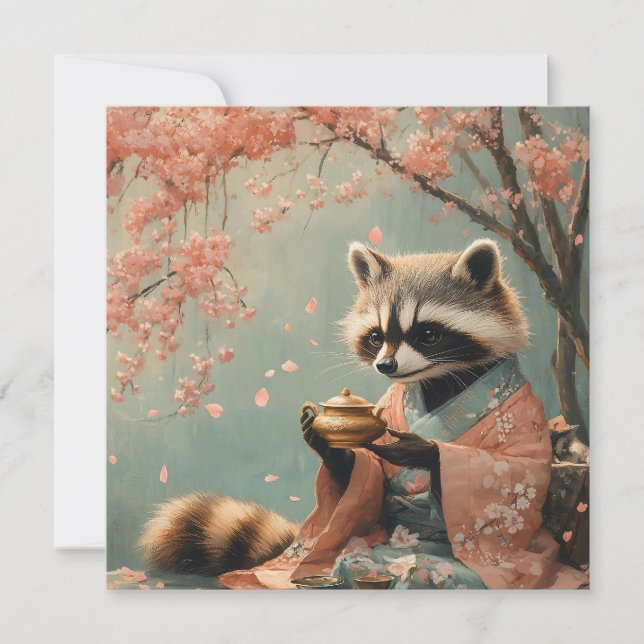 Raccoon Buddha: Peaceful Tea Under Cherry Tree Holiday Card (Front)