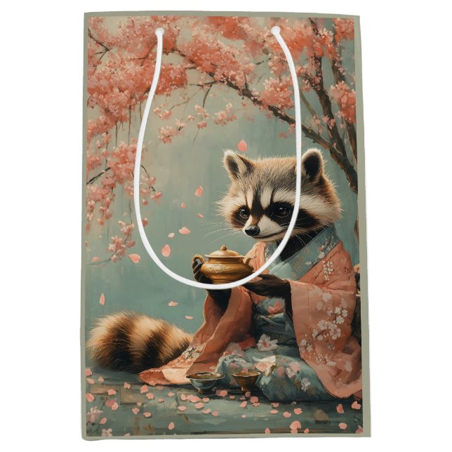 Raccoon Buddha: Peaceful Tea Under Cherry Tree Medium Gift Bag (Front)