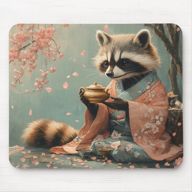 Raccoon Buddha: Peaceful Tea Under Cherry Tree Mouse Mat (Front)
