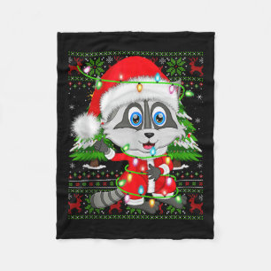 Raccoon Christmas Lights Santa Costume Ugly Xmas S Fleece Blanket
