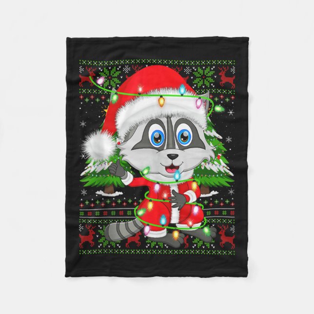 Raccoon Christmas Lights Santa Costume Ugly Xmas S Fleece Blanket (Front)