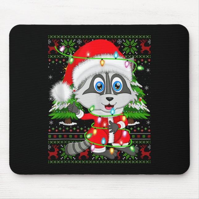 Raccoon Christmas Lights Santa Costume Ugly Xmas S Mouse Mat (Front)