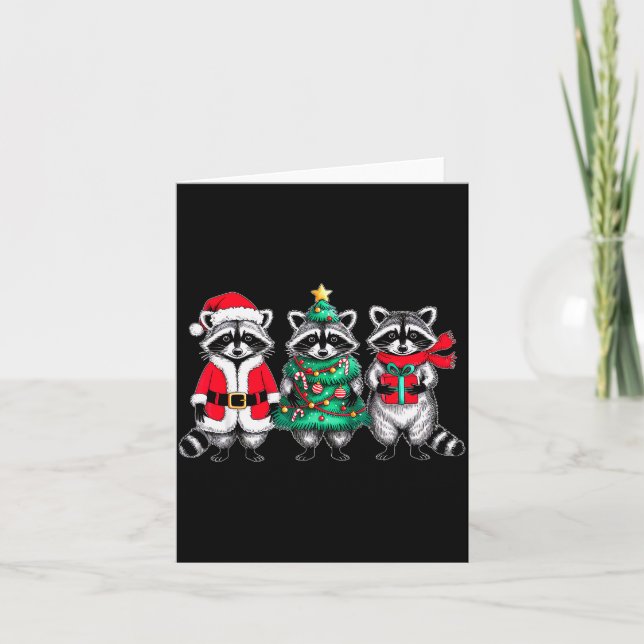 Raccoon Christmas Tree Light Santa Hat Xmas Family Card (Front)