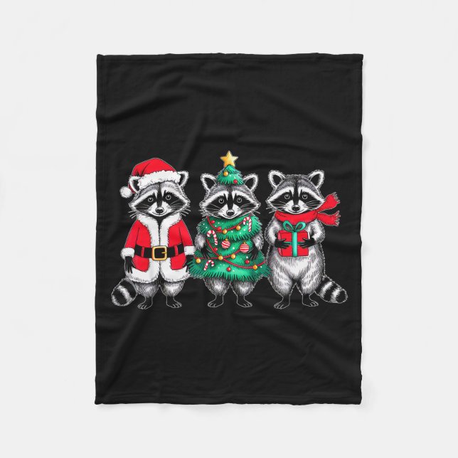 Raccoon Christmas Tree Light Santa Hat Xmas Family Fleece Blanket (Front)