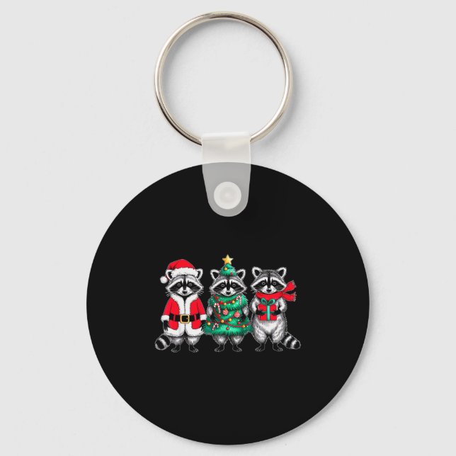 Raccoon Christmas Tree Light Santa Hat Xmas Family Key Ring (Front)