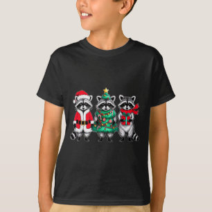 Raccoon Christmas Tree Light Santa Hat Xmas Family T-Shirt