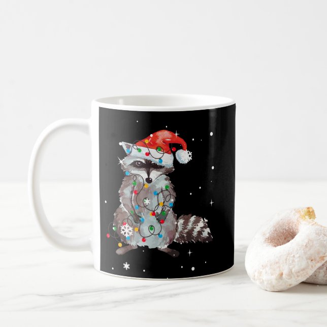 Raccoon Christmas Tree Lights Pajama Racoon Lover Coffee Mug (With Donut)
