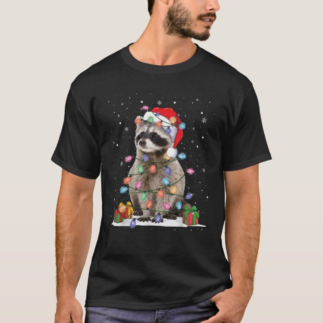Raccoon Christmas Tree Lights Pajama Racoon Lover  T-Shirt (Front)