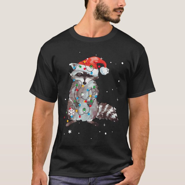 Raccoon Christmas Tree Lights Pajama Racoon Lover T-Shirt (Front)