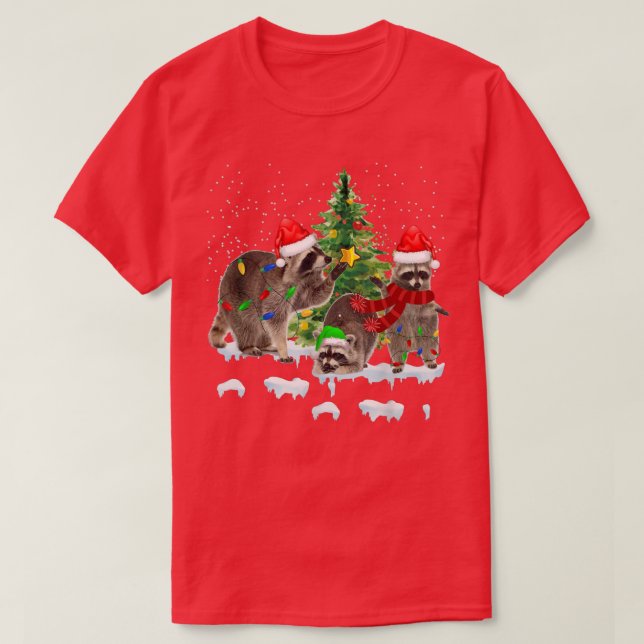 Raccoon Christmas Tree Lights Pajama Racoon Lover  T-Shirt (Design Front)