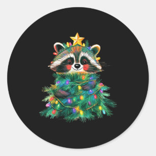 Raccoon Christmas Tree Pajamas Girls Boys Xmas Lig Classic Round Sticker