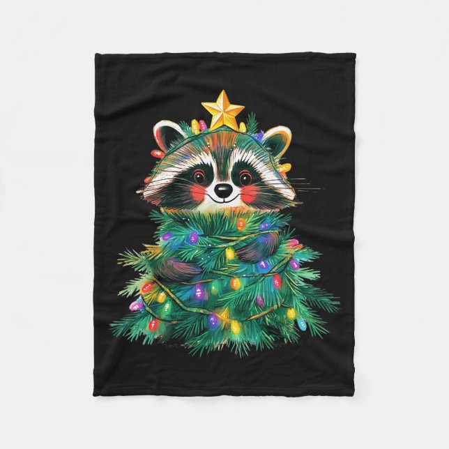 Raccoon Christmas Tree Pajamas Girls Boys Xmas Lig Fleece Blanket (Front)