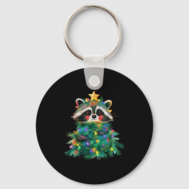 Raccoon Christmas Tree Pajamas Girls Boys Xmas Lig Key Ring (Front)