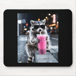 Raccoon drinking iced boba pink tea funny meme men mouse mat