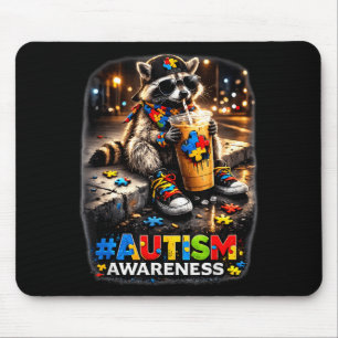 Raccoon drinking iced coffee autism awareness mouse mat