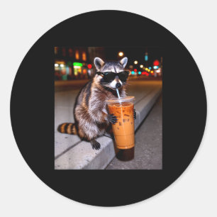 Raccoon drinking iced coffee funny animal meme men classic round sticker