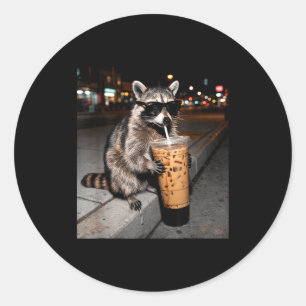 Raccoon drinking iced coffee funny animal meme men classic round sticker