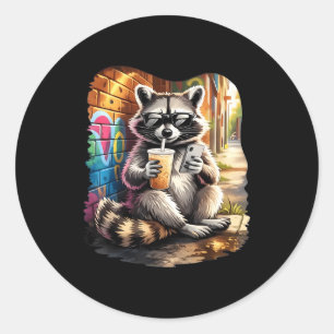 Raccoon drinking iced coffee funny animal meme men classic round sticker