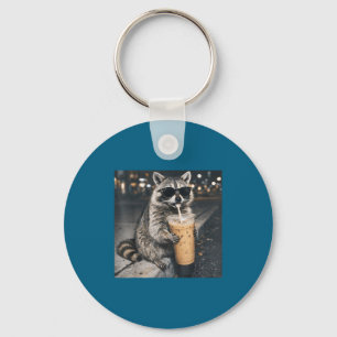 Raccoon drinking iced coffee funny animal meme men key ring